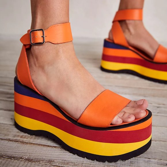 Free People Shoes - Free People Parris Platform Wedge Leather Sandals in Solar Flare